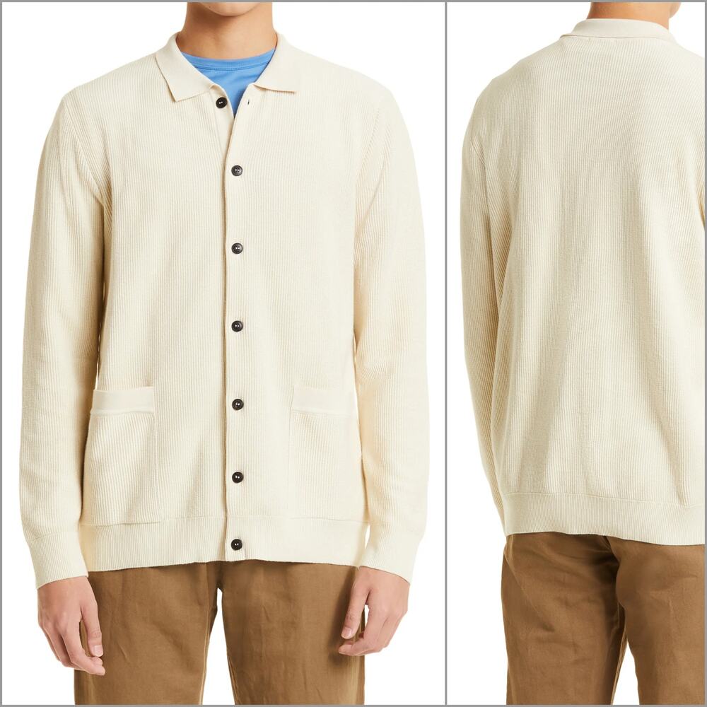 Sunspel Men's Ribbed Egyptian Cotton Cardigan Sweater light beige sz Medium